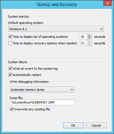 The Startup And Recovery dialog box lets you configure system startup and recovery procedures.