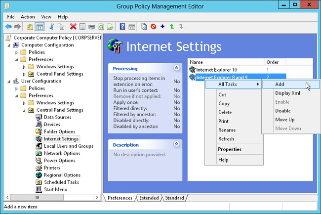 Manage preference items by using the Group Policy Management Editor and the shortcut menu.