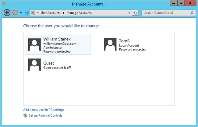 In a homegroup or workgroup, use the Manage Accounts page in Control Panel to view available accounts.