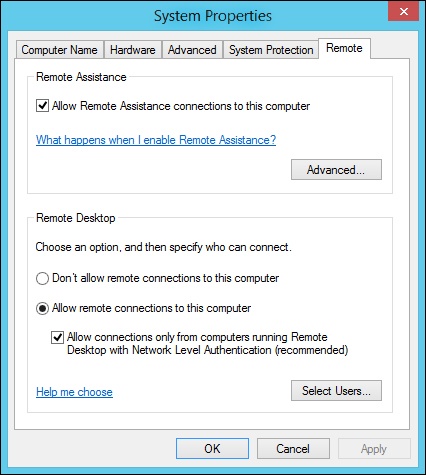 Use the Remote tab options to configure remote access to the computer.