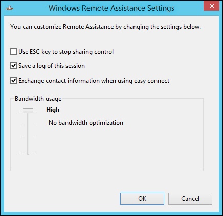 Remote Assistance settings are available to the person being helped.