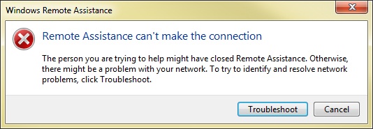 Remote Assistance displays a warning if the connection fails.