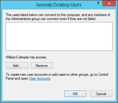 Specify the additional users allowed to make Remote Desktop connections.