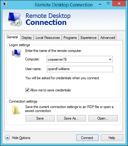 In the Remote Desktop Connection dialog box, enter the name of the computer to which you want to connect, and then tap or click Connect.