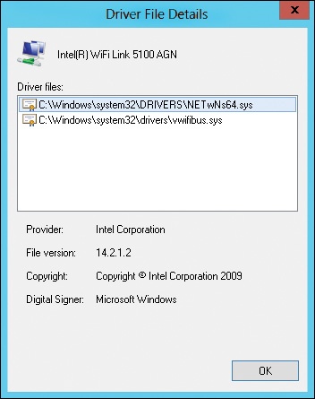 The Driver File Details dialog box displays information on the driver file paths, the provider, and the file versions.