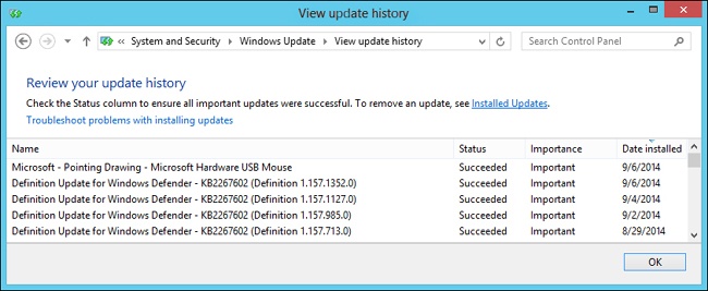 Check the update history to determine what updates have been installed.