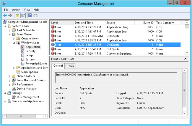 Event Viewer displays events for the selected log.