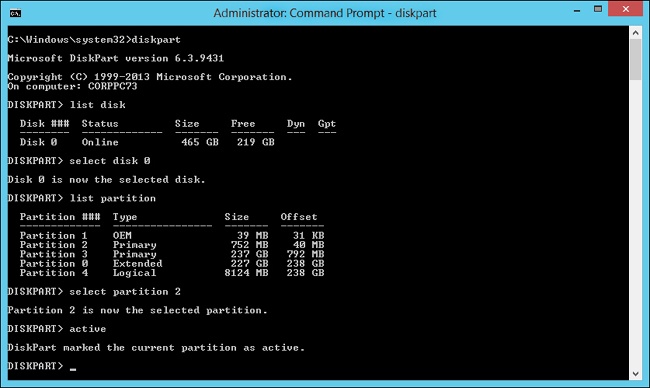 Use DiskPart to mark the appropriate partition as active.