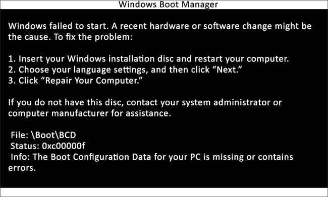 This screen shows a failed start because of a Windows Boot Manager error.