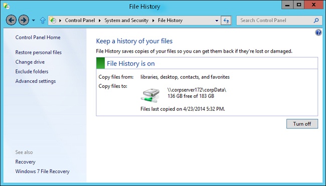 File History shows a summary of the current configuration, in addition to the available space in the selected save location.