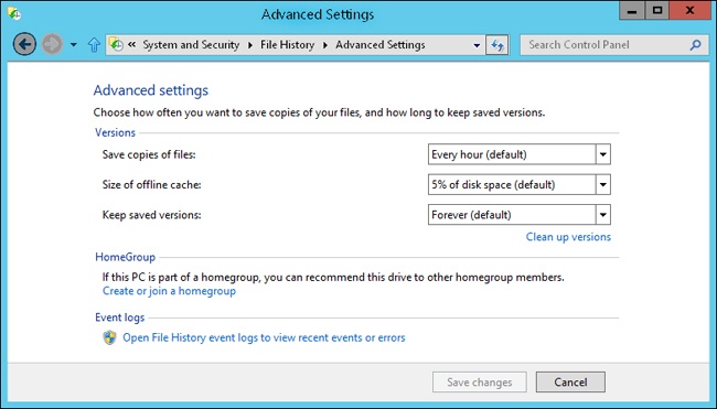 View and manage default settings for File History.