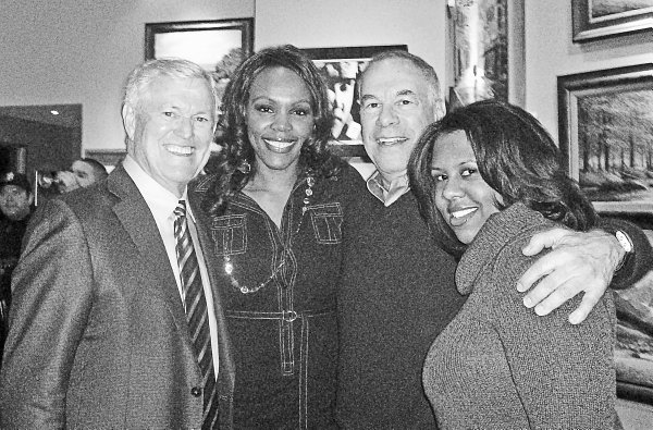 Jersey Girls Angela Davis (center) and Marcelle English with NFL coaching legend Dick Vermeil (left) and the late Steve Sabol of NFL Films.