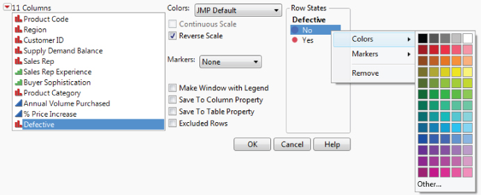 Snapshot showing how to Change the Color Assigned to No from Red to Green.