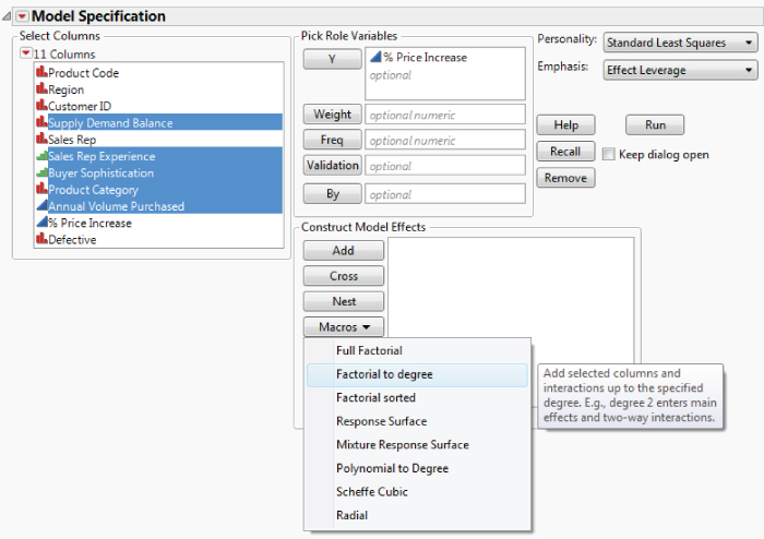 Snapshot of a Fit Model Dialog.