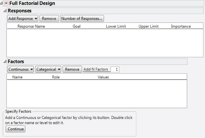 Snapshot of DOE Full Factorial Design Dialog.