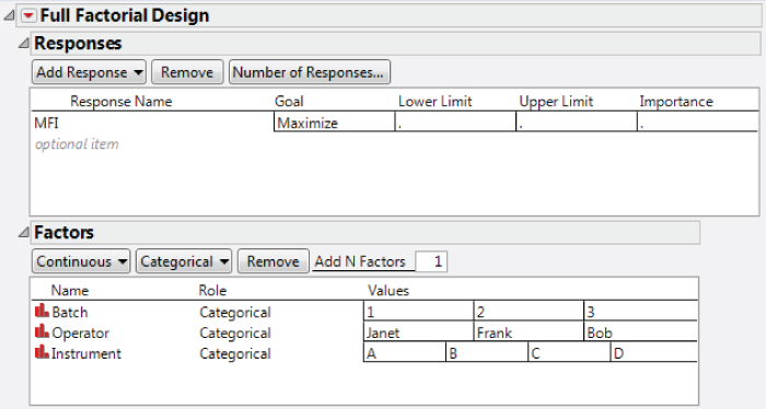 Snapshot showing the DOE Full Factorial Design Dialog with Response and Factors Specified.