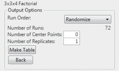 Snapshot showing the DOE Full Factorial Design Output Options.