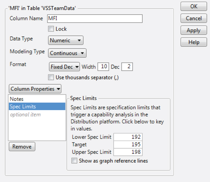 Snapshot showing the Spec Limits Column Property Panel for MFI.