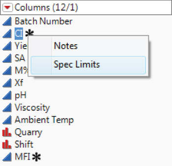 Snapshot of Asterisk Showing Spec Limits Column Property. 