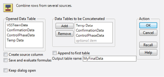 Snapshot of Concatenate Dialog for the Three Tables.