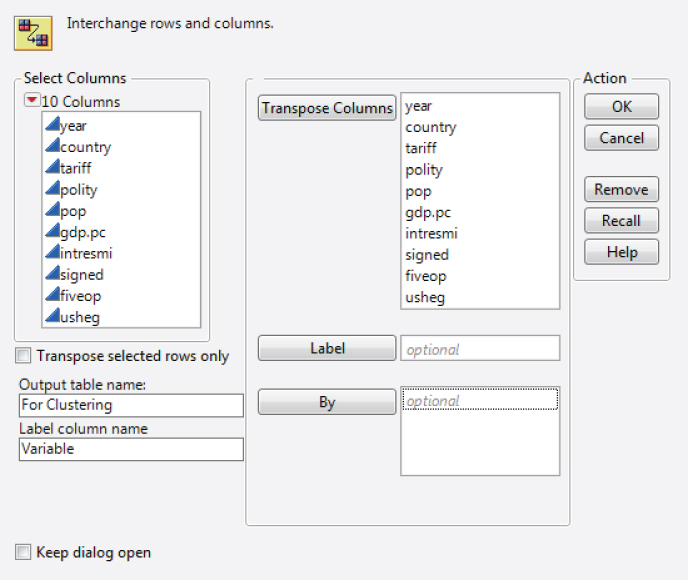 Snapshot of Completed Transpose Dialog for Subset of Freetrade Missing Cells.