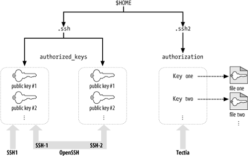 SSH authorization files (public keys) and the programs that use them