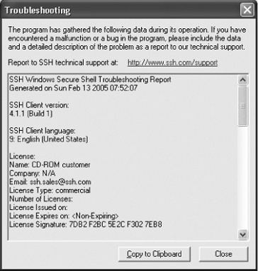 The Troubleshooting dialog