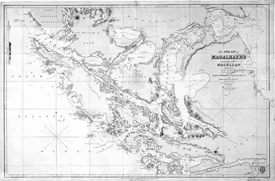 La carta dello Stretto di Magellano pubblicata dall’Ammiragliato nella prima edizione degli anni Trenta dell’Ottocento, realizzata sulla base dei rilevamenti topografici di King, FitzRoy e Stokes.