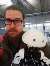 Andrew and Jimmy 2.0 in transit at an airport (photo credit: Selfie by Andrew Alter)