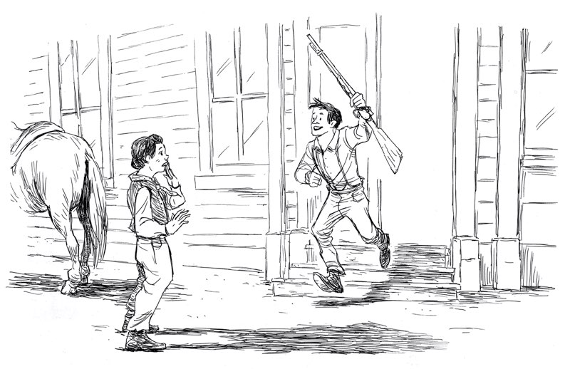 Henry runs out of the hotel towards Miriama, holding his rifle aloft