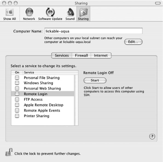 Enabling the SSH server in System Preferences