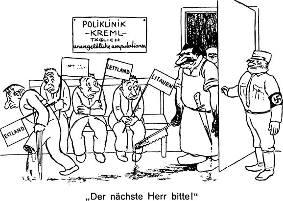 Stalin, Josef (eigentl. Jussif W. Dschugaschwili), sowjet. Politiker; 1879–1953. – “Der nächste Herr bitte!" (Karikatur auf Stalin und den Beistandspakt vom 5.10.1939 zwischen der UdSSR u. den baltischen Staaten, die im Hitler-Stalin-Pakt v. 23.8.1939 dem sowjet. Interessensbereich zugeschlagen wurden).– Zeichnung aus: “Der Nebelspalter” vom 27.10.1939.