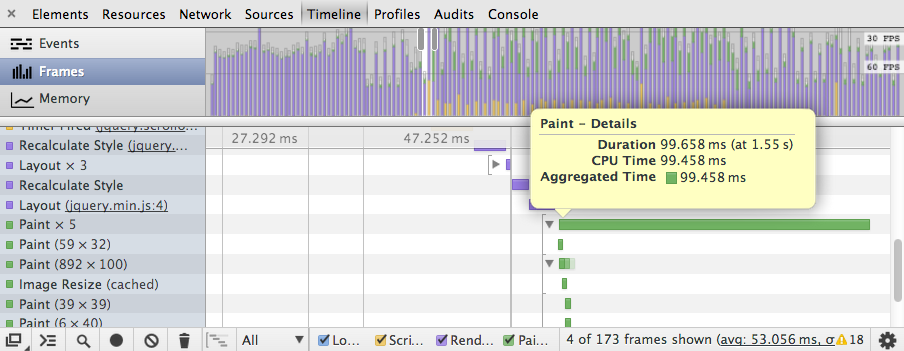 Chrome DevTools Timeline zoomed into a record with heavy paint