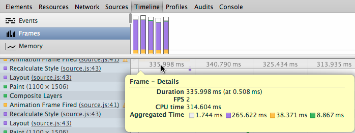 Hovering over one of the frames provides additional details about the frame