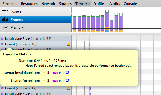 Timeline also identifies when your application causes a forced asynchronous layout