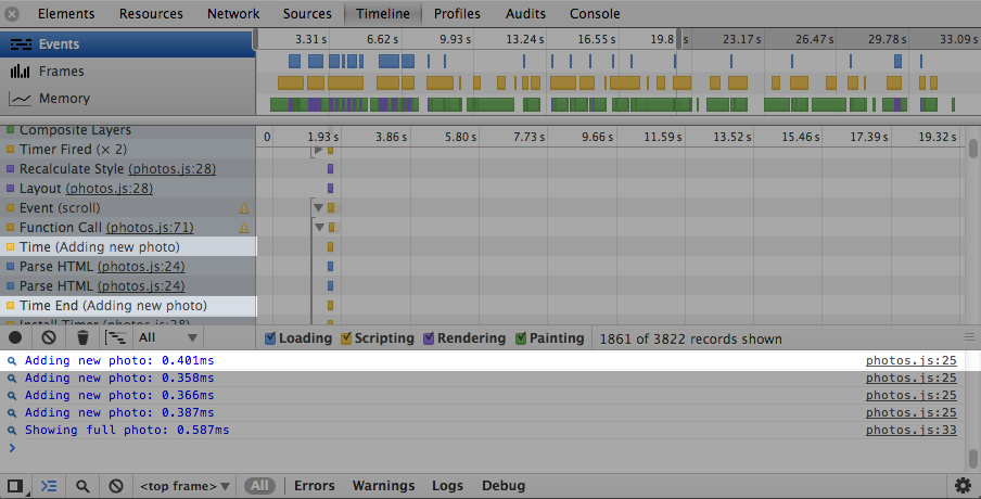 Your code can also use console.time() and console.timeEnd() to mark ranges in DevTools Timeline recordings