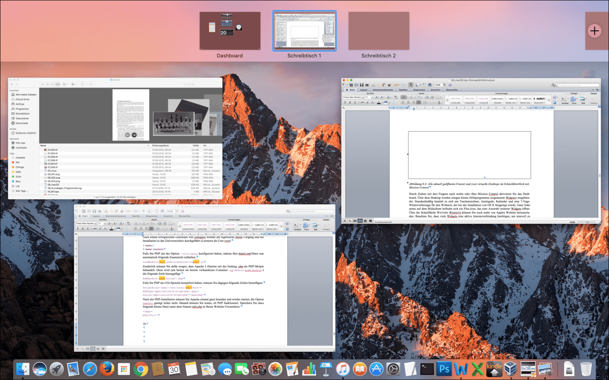 Alle aktuell geöffneten Fenster und zwei virtuelle Desktops im Schnellüberblick mit Mission Control