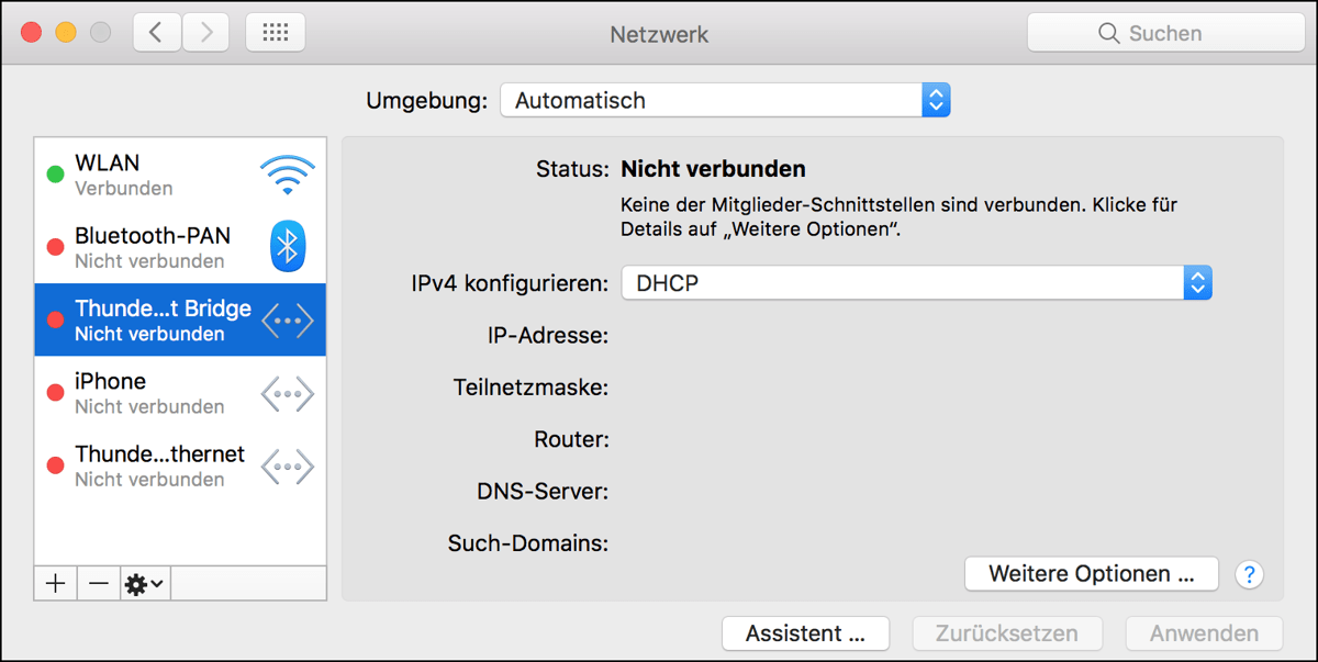 Konfiguration der Thunderbolt-Bridge für die Ethernet-Schnittstelle unter OS X