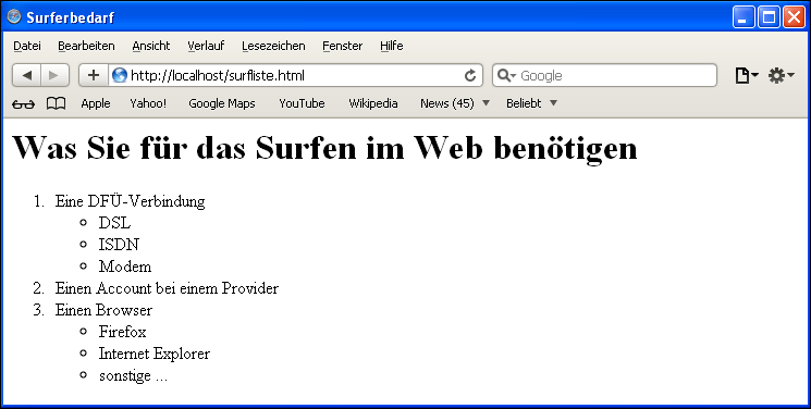 Darstellung der verschachtelten Liste im Browser, hier Apple Safari