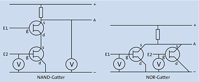 NAND- und NOR-Schaltung durch je zwei Transistoren und einen Widerstand