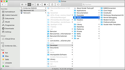 Die »Macintosh HD« und eine untergeordnete Ordnerstruktur in der Spaltenansicht des Finders