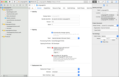 Ein Xcode-Projekt mit Swift für iOS gleich nach der Erstellung