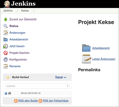 Der Hauptbildschirm des Jenkins-Projekts »Kekse«