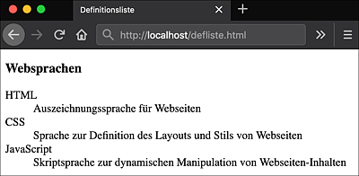 Darstellung der Definitionsliste im Browser (diesmal Firefox)