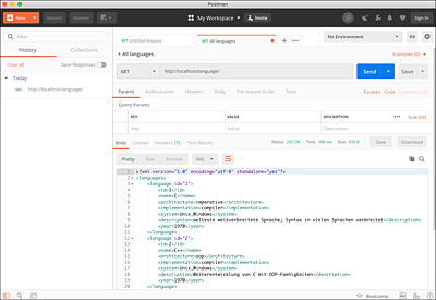 Der REST-Client Postman beim Ausführen der Anfrage »GET /language/«