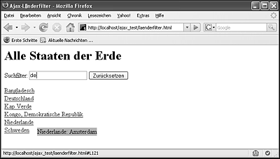 Der Ajax-Länderfilter nach Eingabe von »de«