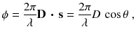 
$$\displaystyle{ \phi = \frac{2\pi } {\lambda } \mathbf{D}\boldsymbol{\,\cdot \,}\mathbf{s} = \frac{2\pi } {\lambda } D\,\cos \theta \;, }$$
