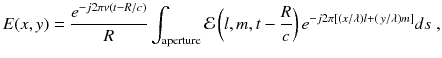 
$$\displaystyle{ E(x,y) = \frac{e^{-j2\pi \nu (t-R/c)}} {R} \int _{\mathrm{aperture}}\mathcal{E}\left (l,m,t -\frac{R} {c} \right )e^{-j2\pi [(x/\lambda )l+(\,y/\lambda )m]}ds\;, }$$
