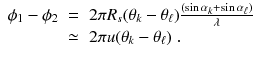 
$$\displaystyle\begin{array}{rcl} \phi _{1} -\phi _{2}& =& 2\pi R_{s}(\theta _{k} -\theta _{\ell})\frac{(\sin \alpha _{k} +\sin \alpha _{\ell})} {\lambda } \\ & \simeq & 2\pi u(\theta _{k} -\theta _{\ell})\;. {}\end{array}$$
