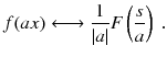 
$$\displaystyle{ f(ax)\longleftrightarrow \frac{1} {\vert a\vert }F\left (\frac{s} {a}\right )\;. }$$
